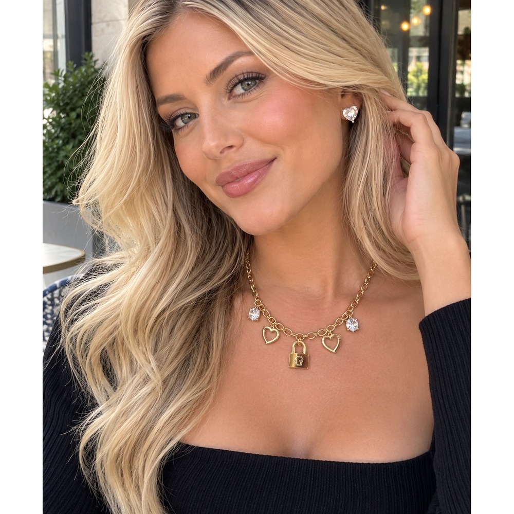 Guess Gold Tone Heart Padlock Charm Necklace and Crystal Stud Earring Set